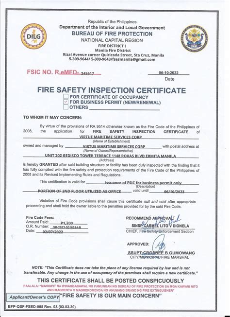 bfp fire safety inspection certificate|BFP : Bureau of Fire Protection .